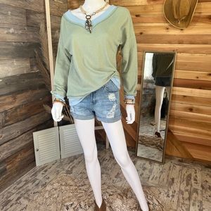 Green Waffle Knitted Loose V Neck Shirt